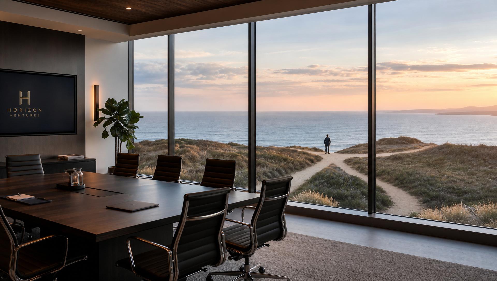 Sala de reuniões executiva com vista para o oceano ao amanhecer